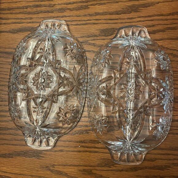 Set of 2 Identical Depression Cut Glass Divided Relish Trays Clear Oval Star - Picture 14 of 14